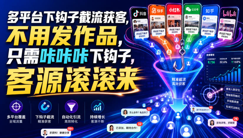 多平台下钩子截流获客,不用发作品,只需咔咔咔下钩子,客源滚滚来-巅峰研习社