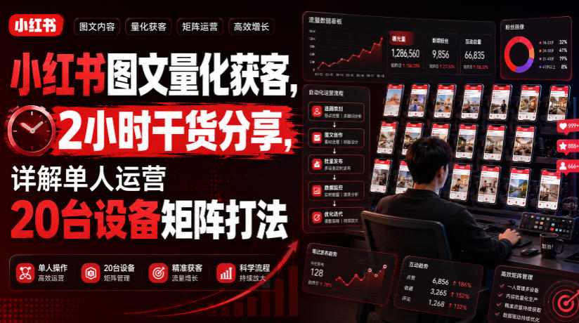 小红书图文量化获客,2小时干货分享,详解单人运营20台设备矩阵打法-巅峰研习社