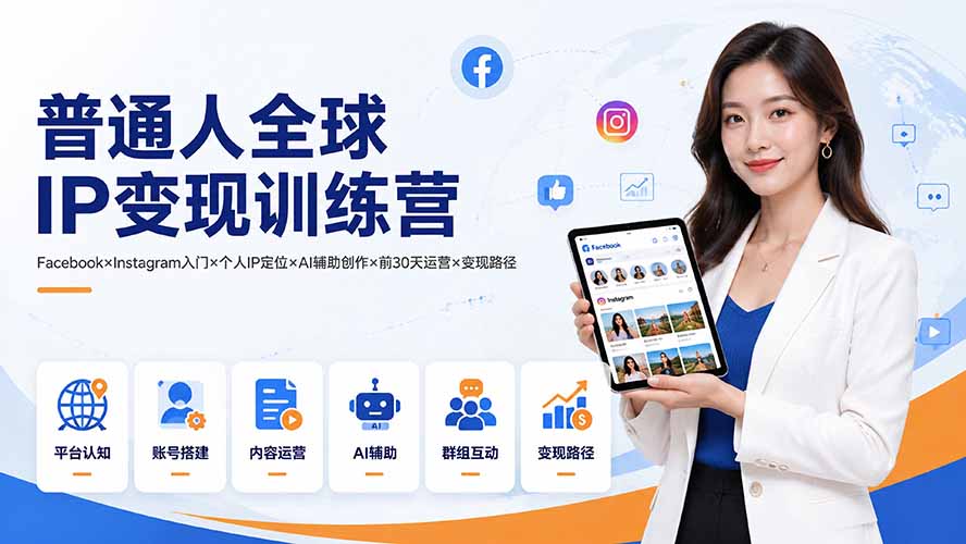 普通人全球IP变现训练营：Facebook×Instagram入门×个人IP定位×AI辅助创作×前30天运营×变现路径-巅峰研习社