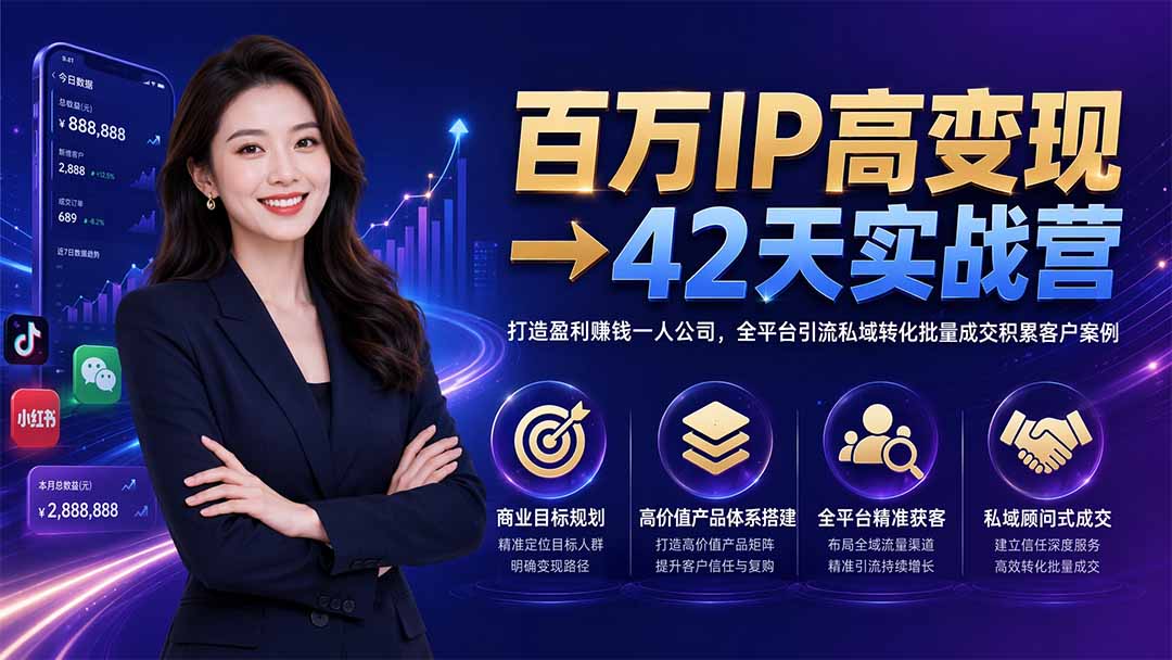 百万IP高变现→42天实战营｜打造盈利赚钱一人公司，全平台引流私域转化批量成交积累客户案例-巅峰研习社