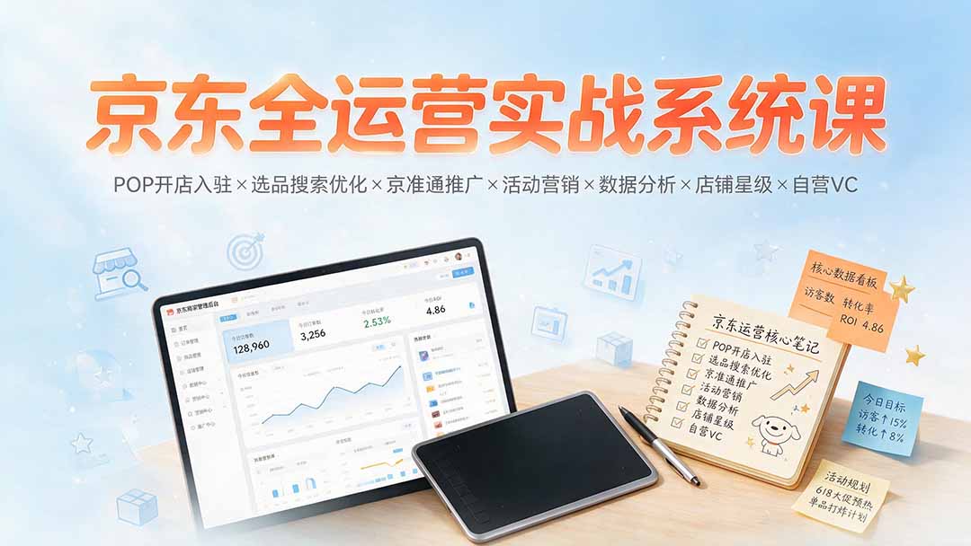 京东全运营实战系统课：POP开店入驻×选品搜索优化×京准通推广×活动营销×数据分析×店铺星级×自营VC-巅峰研习社