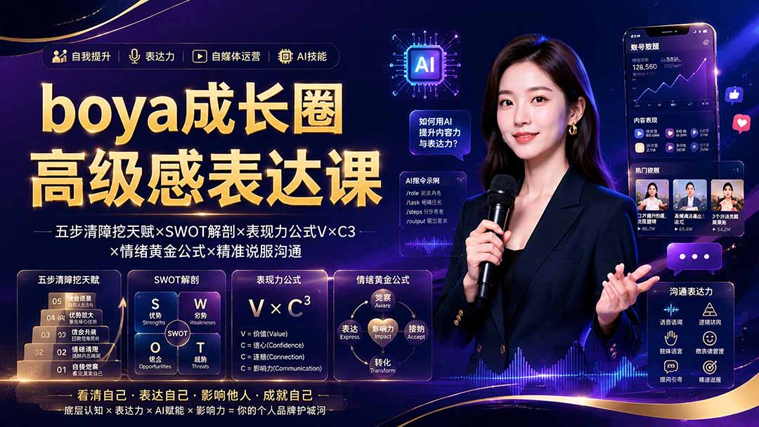 boya成长圈｜内心成长高级表达AI自媒体三合一，消解内耗挖掘天赋，镜头沟通AI指令短视频全流程教学-巅峰研习社