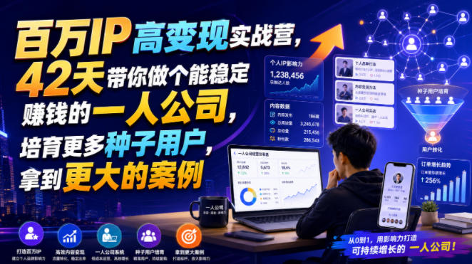 百万IP高变现实战营，42天带你做个能稳定賺钱的一人公司，培育更多种子用户，拿到更大的案例-巅峰研习社
