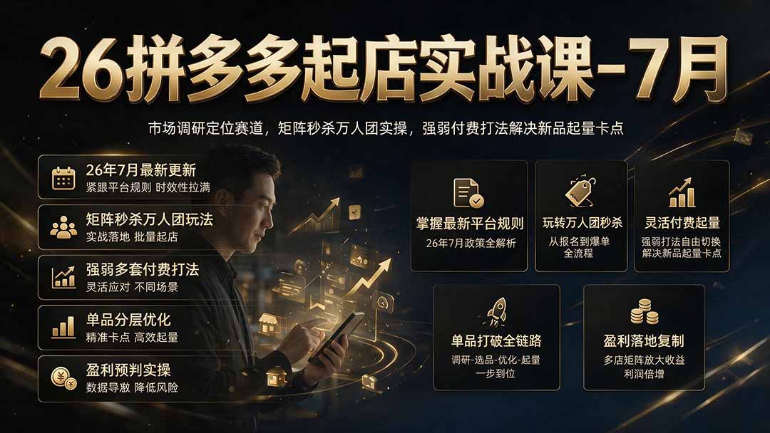 26拼多多起店实战课-7月｜市场调研定位赛道，矩阵秒杀万人团实操，强弱付费打法解决新品起量卡点-巅峰研习社