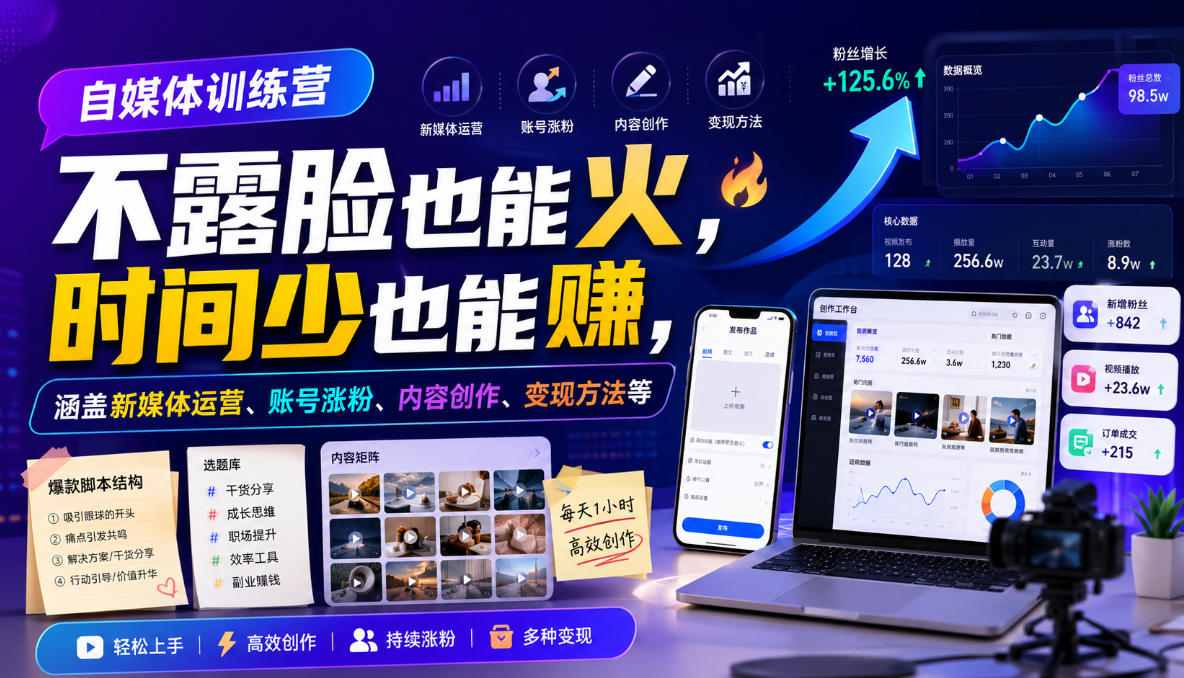 自媒体训练营，不露脸也能火，时间少也能賺，涵盖新媒体运营、账号涨粉、内容创作、变现方法等-巅峰研习社