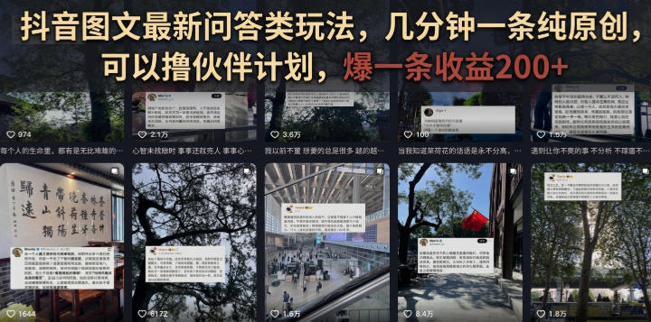 抖音图文最新问答类玩法，几分钟一条纯原创，可以撸伙伴计划，爆一条收益200+-巅峰研习社