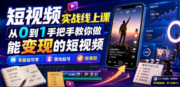 短视频实战线上课,从0到1手把手教你做能变现的短视频,零基础可学,落地起号做爆款-巅峰研习社