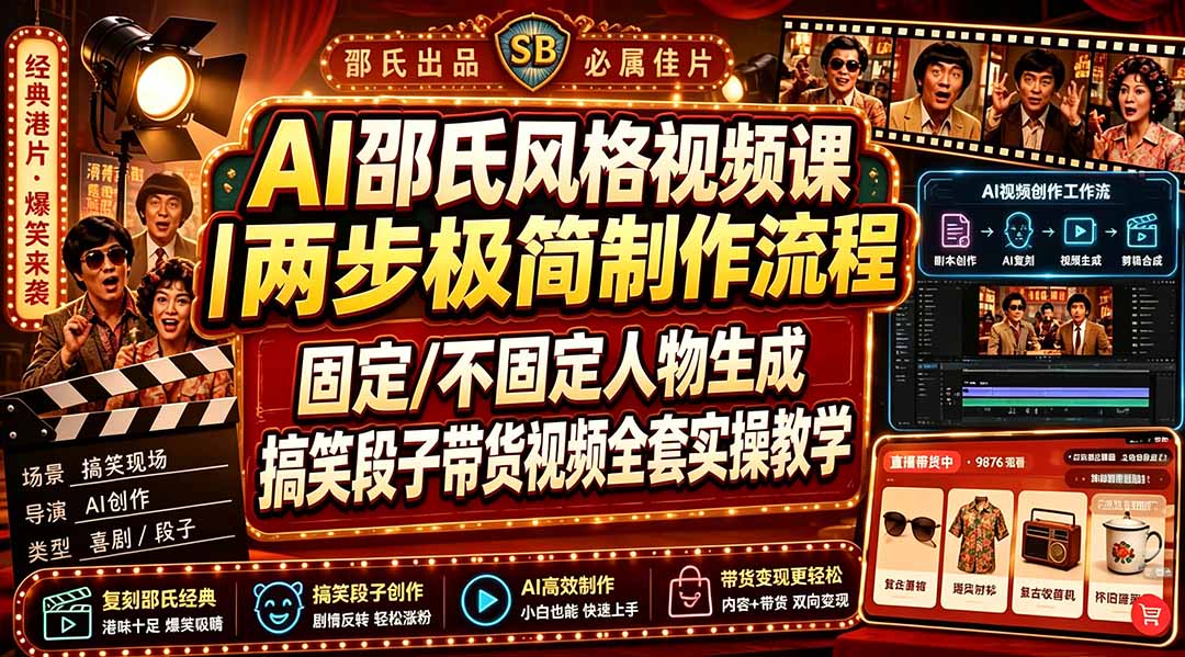 AI邵氏风格视频课｜两步极简制作流程，固定/不固定人物生成，搞笑段子带货视频全套实操教学-巅峰研习社