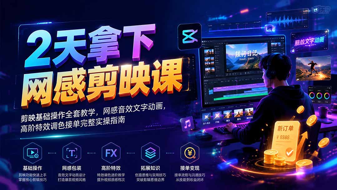 2天拿下网感剪辑课｜剪映基础操作全套教学，网感音效文字动画，高阶特效调色接单完整实操指南-巅峰研习社