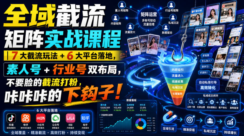 全域截流矩阵实战课程｜7大截流玩法+6大平台落地，素人号+行业号双布局，不要脸的截流打粉，咔咔咔的下钩子！-巅峰研习社