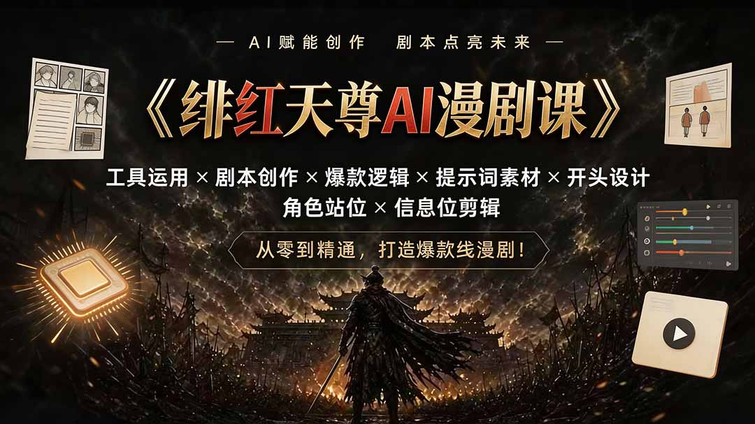 绯红天尊AI漫剧课｜工具运用×剧本创作×爆款逻辑×提示词素材×开头设计×角色站位×信息位剪辑-巅峰研习社