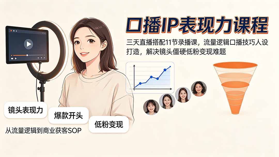 口播IP表现力课程｜三天直播搭配11节录播课，流量逻辑口播技巧人设打造，解决镜头僵硬低粉变现难题-巅峰研习社