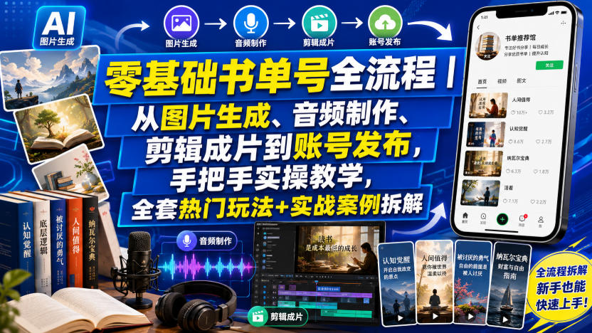 零基础书单号全流程|从图片生成、音频制作、剪辑成片到账号发布,手把手实操教学,全套热门玩法+实战案例拆解-巅峰研习社