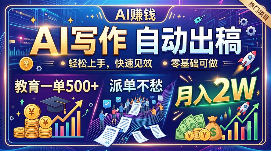 AI写作自动出稿，教育一单500+，派单不愁，月入2W-巅峰研习社