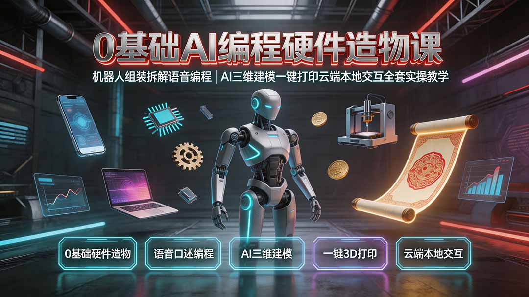 0基础AI编程硬件造物课｜机器人组装拆解语音编程，AI三维建模一键打印云端本地交互全套实操教学-巅峰研习社