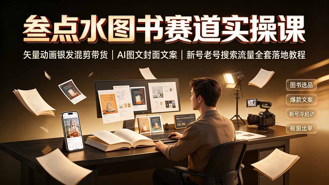 叁点水图书赛道实操课|矢量动画银发混剪带货,AI图文封面文案,新号老号搜索流量全套落地教程-巅峰研习社