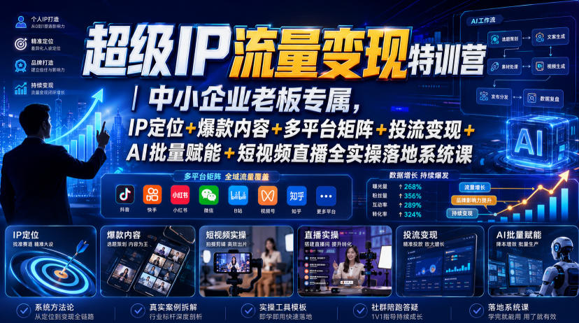超级IP流量变现特训营|中小企业老板专属,IP定位+爆款内容+多平台矩阵+投流变现+AI批量赋能+短视频直播全实操落地系统课-巅峰研习社