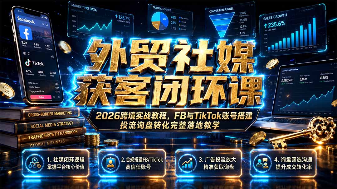 外贸社媒获客闭环课｜2026跨境实战教程，FB与TikTok账号搭建投流询盘转化完整落地教学-巅峰研习社