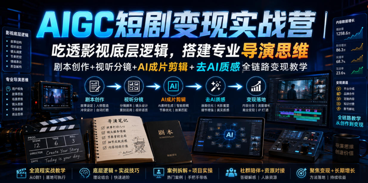 AIGC短剧变现实战营|吃透影视底层逻辑,搭建专业导演思维,剧本创作+视听分镜+AI成片剪辑+去AI质感全链路变现教学-巅峰研习社