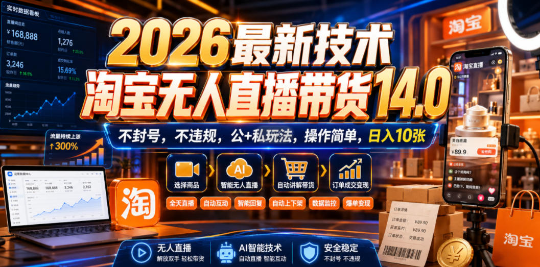 2026最新技术，淘宝无人直播带货14.0，不封号，不违规，公+私玩法，操作简单，日入10张【揭秘】-巅峰研习社