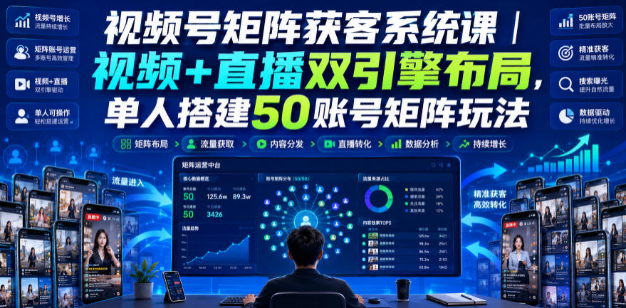 视频号矩阵获客系统课|视频+直播双引擎布局,单人搭建50账号矩阵玩法,流量入池、搜索占位、全域引流沉淀私域全流程教学-巅峰研习社
