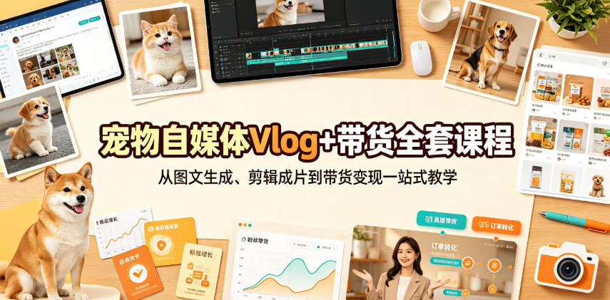 宠物自媒体Vlog+带货全套课程|从图文生成、剪辑成片到带货变现一站式教学-巅峰研习社