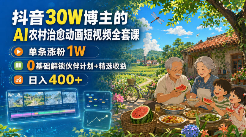 抖音30W博主的AI农村治愈动画短视频全套课|单条涨粉1W,0基础解锁伙伴计划+精选收益,日入400+-巅峰研习社