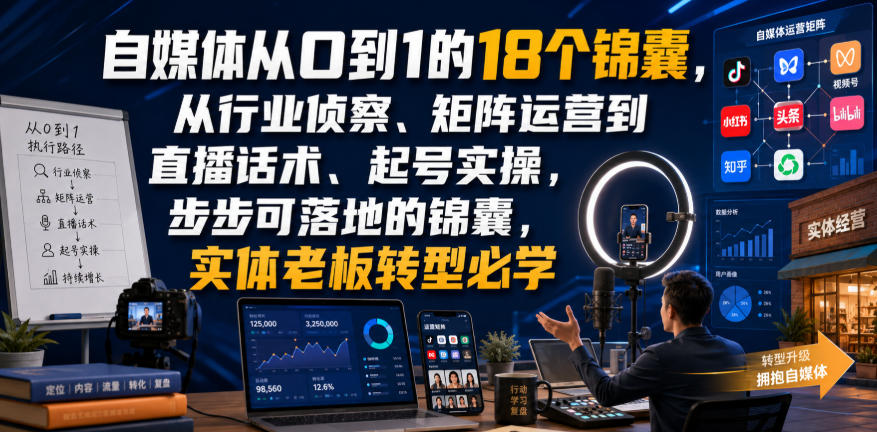 自媒体从0到1的18个锦囊，从行业侦察、矩阵运营到直播话术、起号实操，步步可落地的锦囊，实体老板转型必学-巅峰研习社