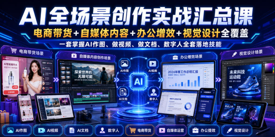AI全场景创作实战汇总课｜电商带货+自媒体内容+办公增效+视觉设计全覆盖，一套掌握AI作图、做视频、做文档、数字人全套落地技能-巅峰研习社