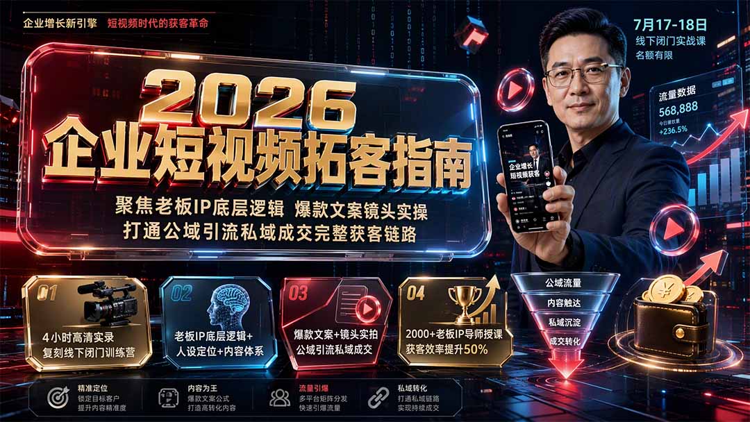 2026企业短视频拓客指南:聚焦老板IP底层逻辑,爆款文案镜头实操,打通公域引流私域成交完整获客链路-巅峰研习社