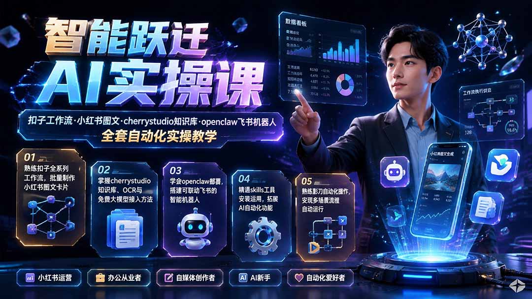 智能跃迁 AI实操课|扣子工作流小红书图文搭建,cherrystudio知识库openclaw飞书机器人全套自动化实操教学-巅峰研习社