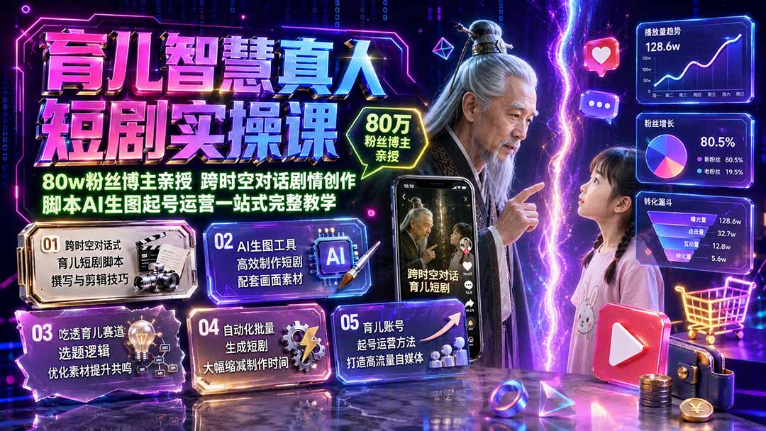 育儿智慧真人短剧实操课｜80w粉丝博主亲授，跨时空对话剧情创作，脚本AI生图起号运营一站式完整教学-巅峰研习社