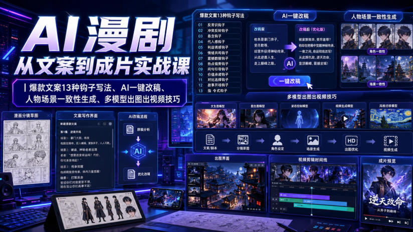 AI漫剧从文案到成片实战课｜爆款文案13种钩子写法、AI一键改稿、人物场景一致性生成、多模型出图出视频技巧-巅峰研习社