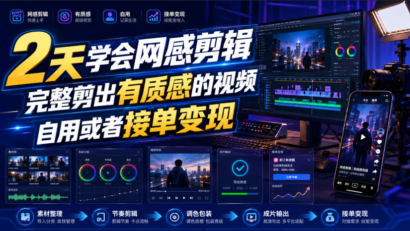 2天学会网感剪辑,完整剪出有质感的视频,自用或者接单变现-巅峰研习社