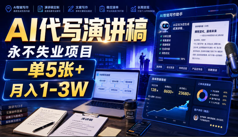 AI代写演讲稿，永不失业项目，一单5张+，月入1-3W【揭秘】-巅峰研习社