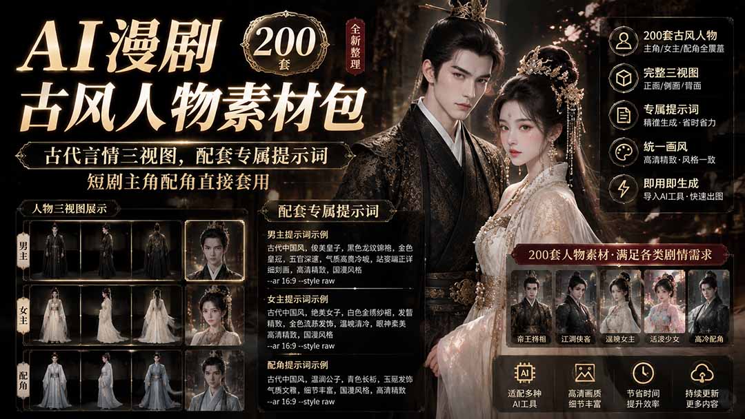 AI漫剧古风人物素材包+提示词|200 套古代言情三视图,配套专属提示词短剧主角配角直接套用-巅峰研习社