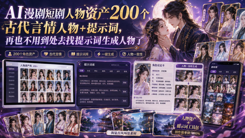 AI漫剧短剧人物资产200个古代言情人物+提示词，再也不用到处去找提示词生成人物了-巅峰研习社