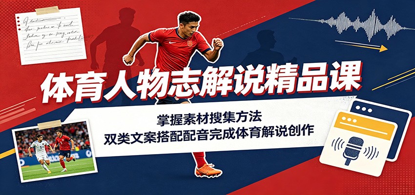 体育人物志解说精品课:掌握素材搜集方法,双类文案搭配配音完成体育解说创作-巅峰研习社