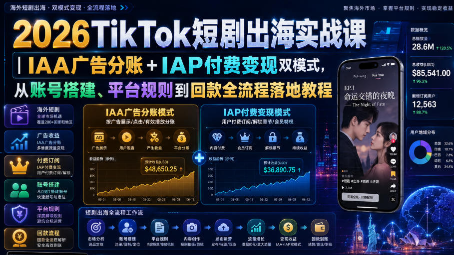 2026TikTok短剧出海实战课|IAA广告分账+IAP付费变现双模式,从账号搭建、平台规则到回款全流程落地教程-巅峰研习社