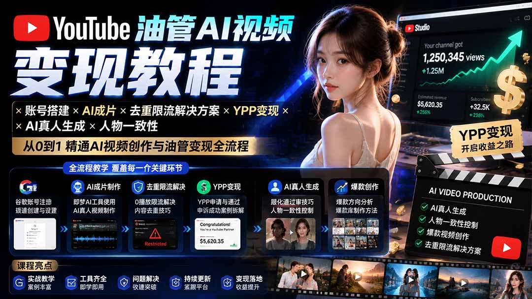 YouTube油管AI视频变现教程:账号搭建×AI成片×去重限流解决方案×YPP变现×AI真人生成×人物一致性-巅峰研习社