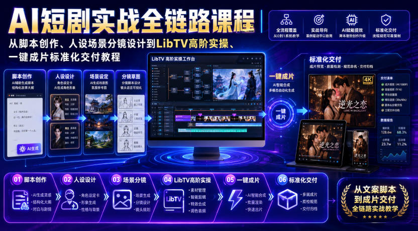 AI短剧实战全链路课程｜从脚本创作、人设场景分镜设计到LibTV高阶实操、一键成片标准化交付教程-巅峰研习社