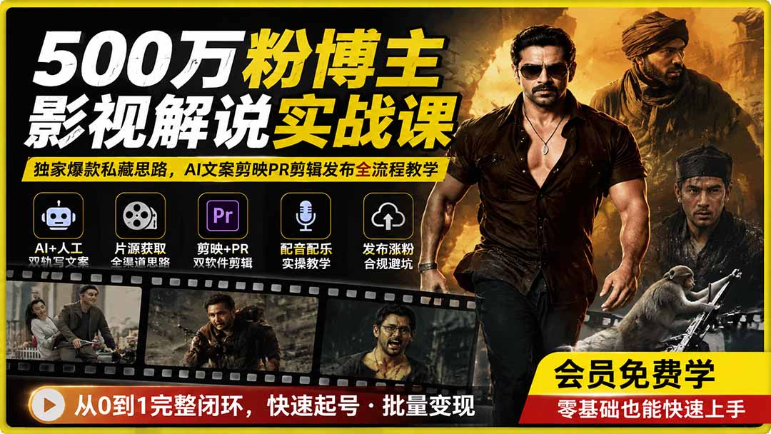 500万粉博主影视解说实战课|独家爆款私藏思路,AI文案剪映PR剪辑发布全流程教学-巅峰研习社