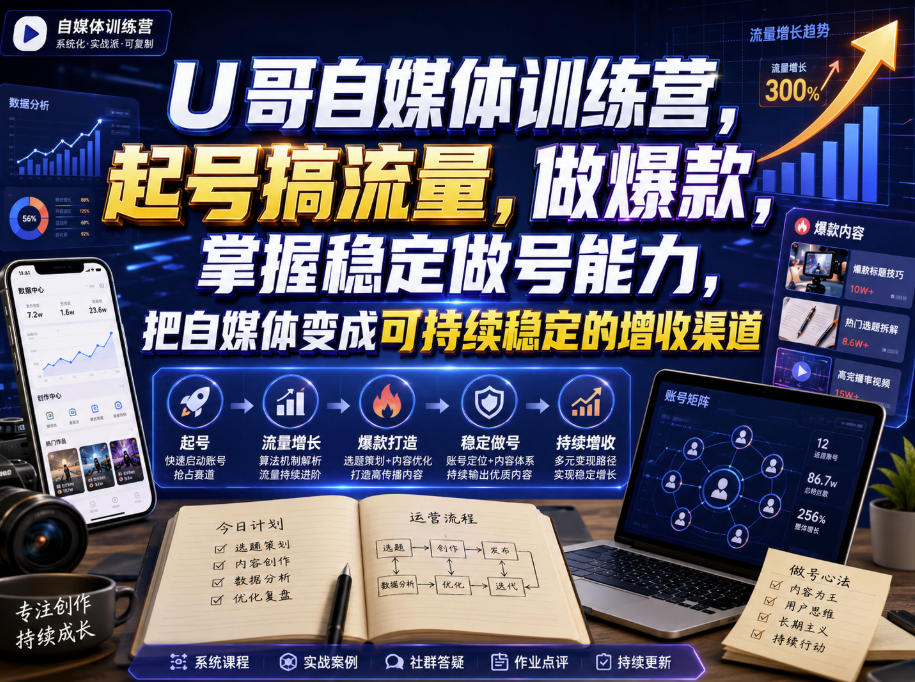 U哥自媒体训练营,起号搞流量,做爆款,掌握稳定做号能力,把自媒体变成可持续稳定的增收渠道-巅峰研习社