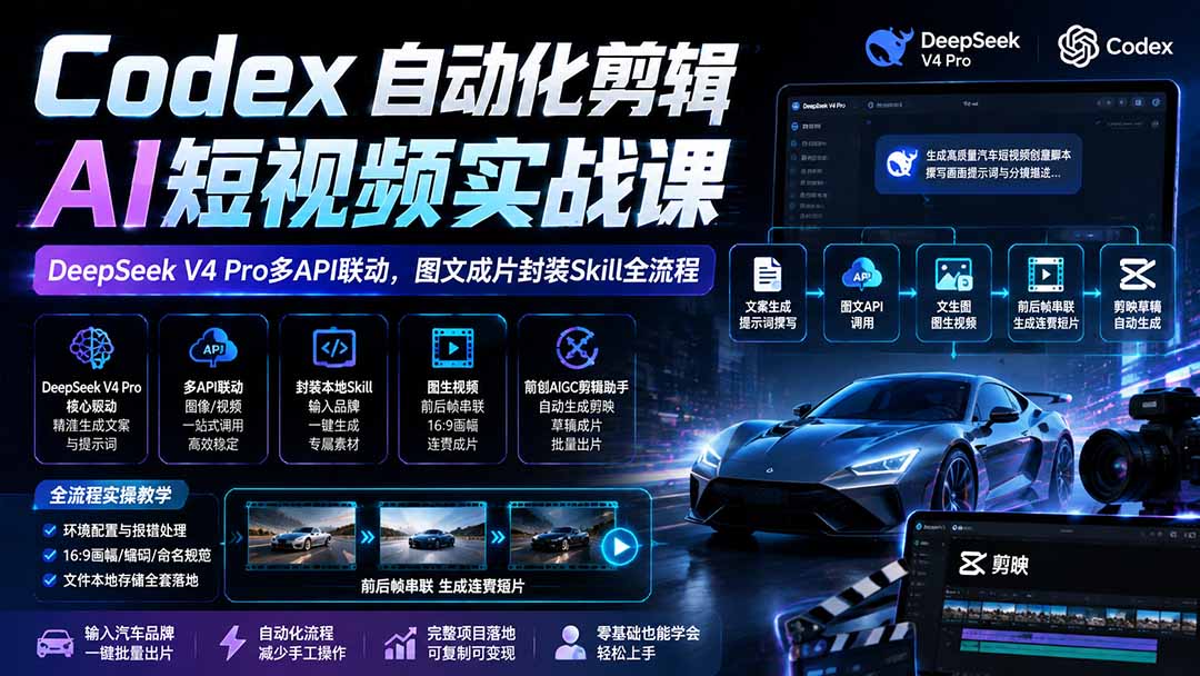 Codex自动化剪辑AI短视频实战课｜DeepSeek V4 Pro多API联动，图文成片封装Skill全流程-巅峰研习社