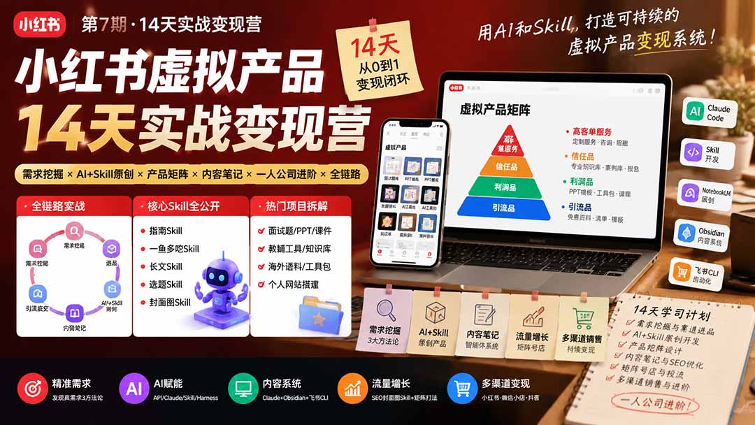 小红书虚拟产品14天实战变现营-第7期:需求挖掘×AI+Skill原创×产品矩阵×内容笔记×一人公司进阶×全链路-巅峰研习社