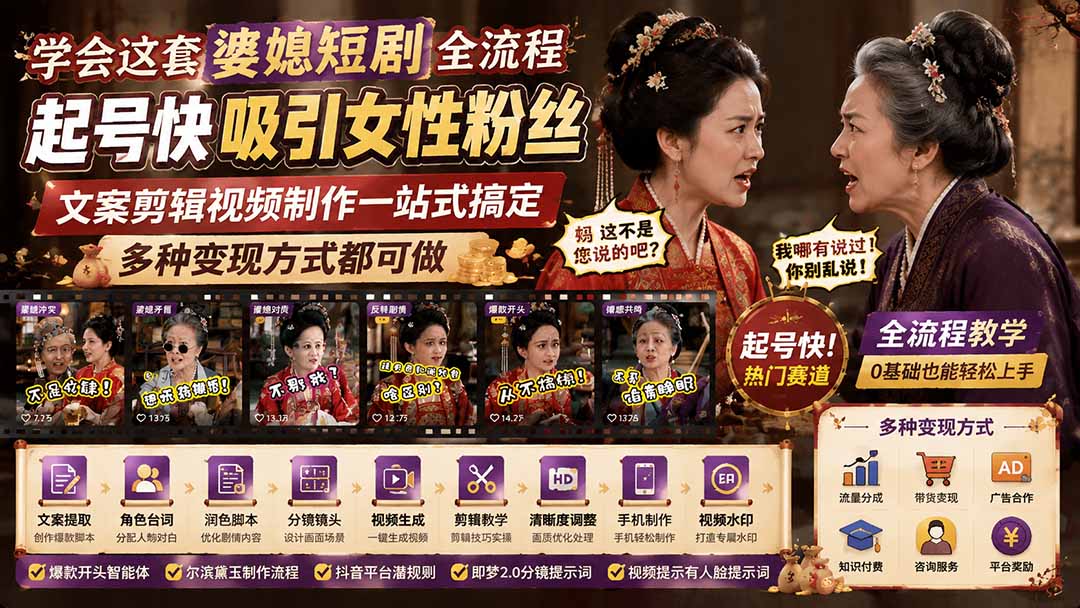 学会这套婆媳短剧全流程:起号快吸引女性粉丝,文案剪辑视频制作一站式搞定,多种变现方式都可做-巅峰研习社