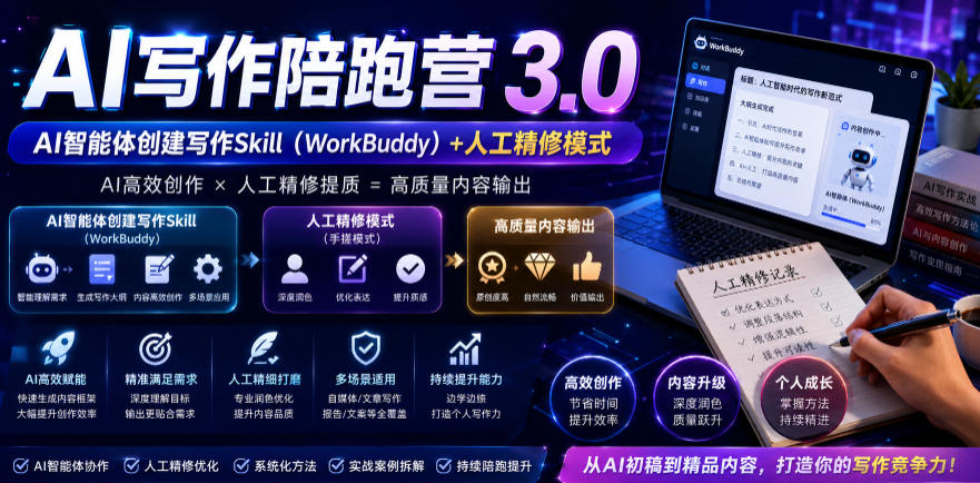 AI写作陪跑营3.0，Ai智能体创建写作skill(workbuddy)+人工手写模式(手搓模式)，去除AI痕迹(头条号、公众号、百家号)(更新0806)-巅峰研习社