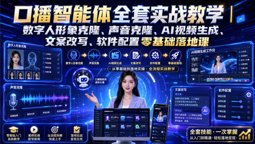 口播智能体全套实战教学｜数字人形象克隆、声音克隆、AI视频生成、文案改写、软件配置零基础落地课-巅峰研习社