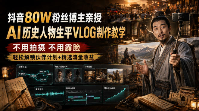 抖音80W粉丝博主的AI历史人物生平VLOG教学，不用拍摄不用露脸，AI帮你搞定，轻松解锁伙伴计划+精选收益-巅峰研习社