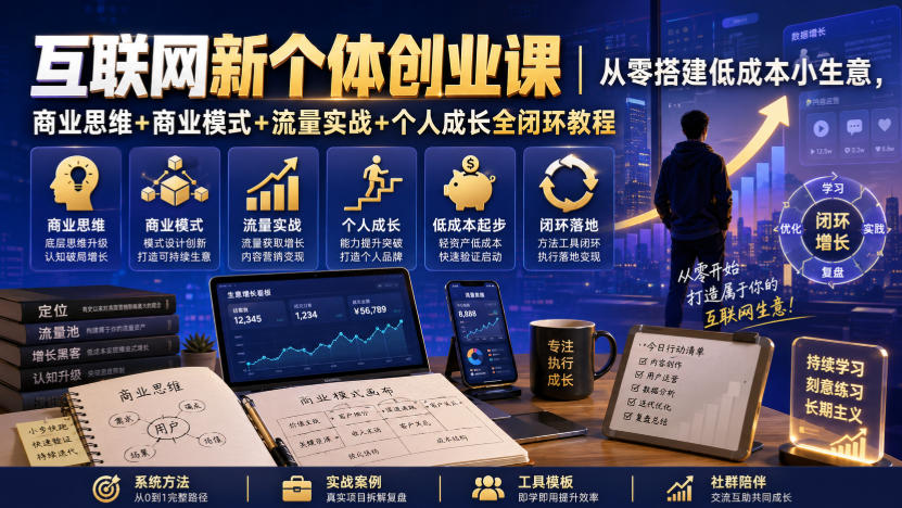 互联网新个体创业课｜从零搭建低成本小生意，商业思维+商业模式+流量实战+个人成长全闭环教程-巅峰研习社